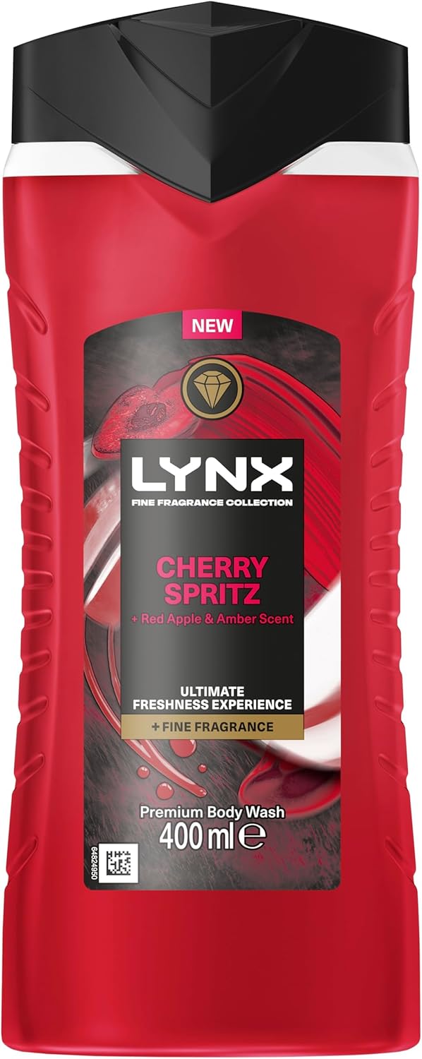 Lynx Fine Fragrance Cherry Spritz Body Wash shower gel with a cherry, red apple & amber scent for 12 hours of freshness 400 ml